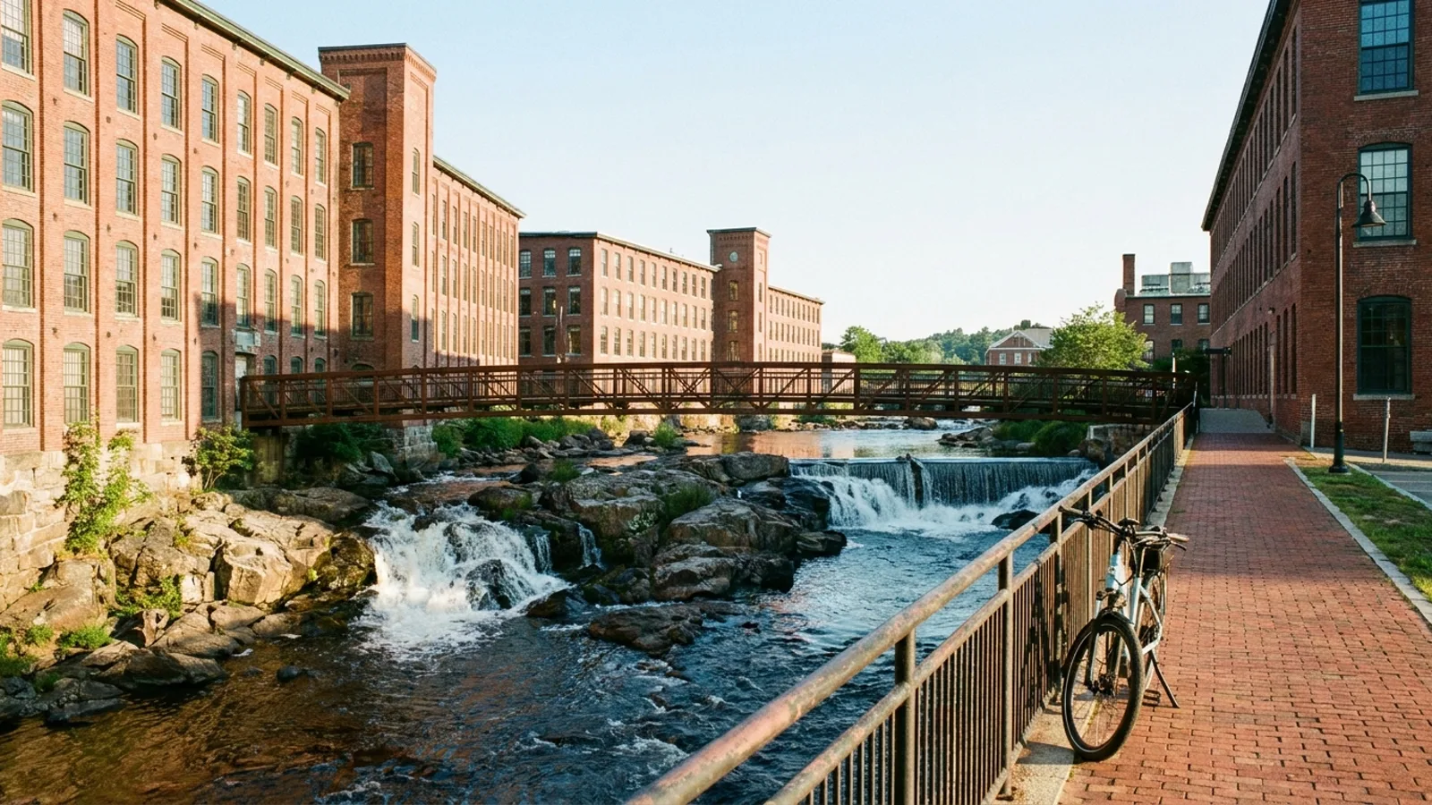 Electric bike on a brick walkway beside tall red brick mill buildings on the Cochecho River in Dover New Hampshire