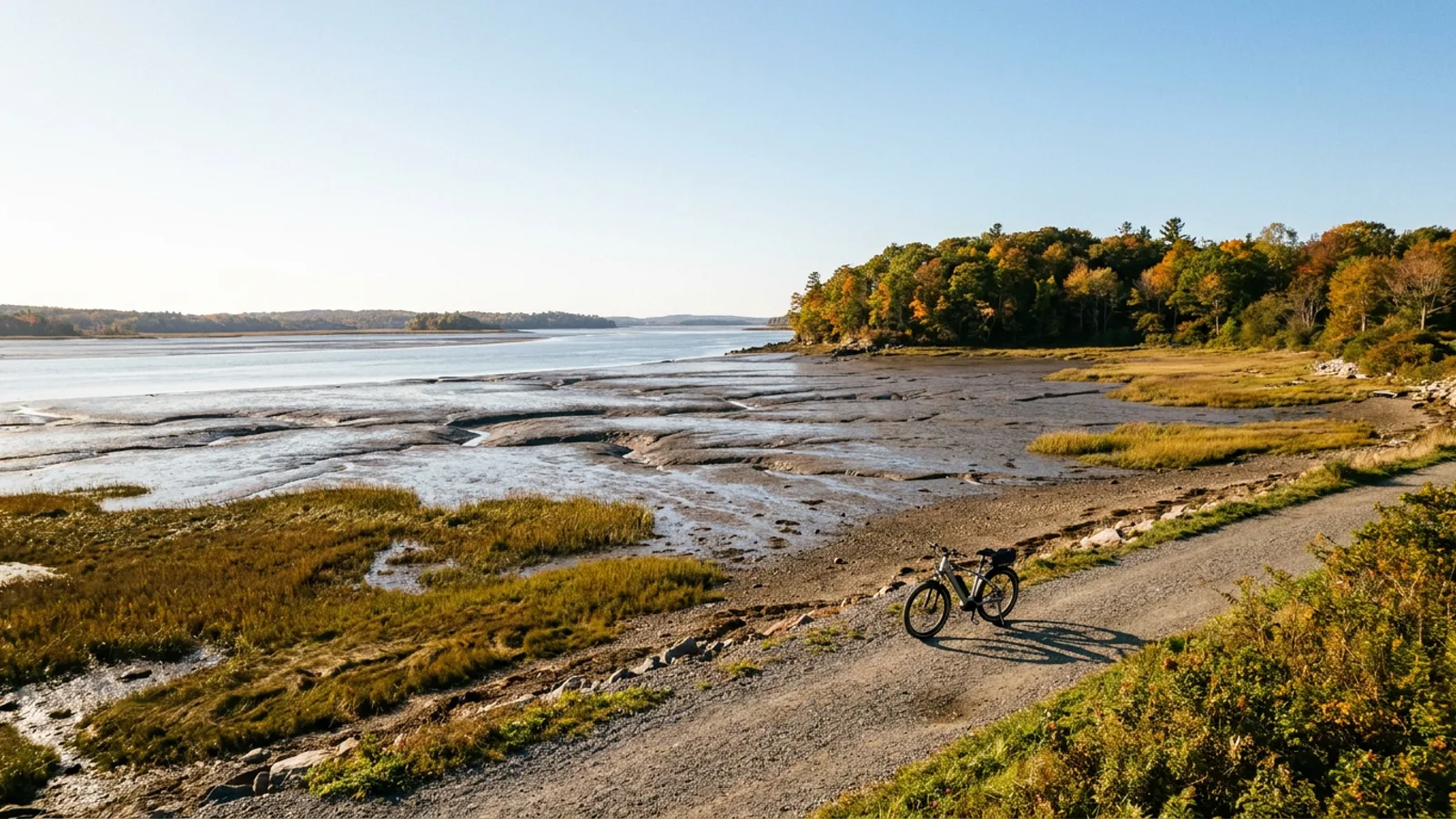 Electric bike on a gravel track beside a broad tidal estuary at low tide with salt marsh mudflats and a wooded point