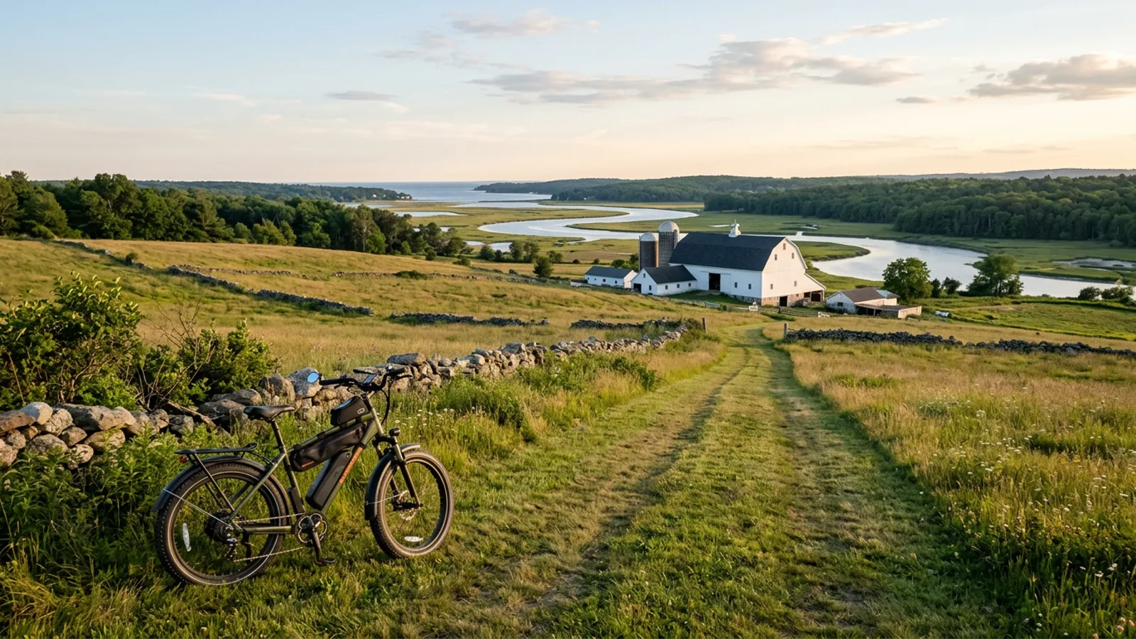 Electric bike at the edge of an open hilltop farm field sloping down to a tidal river with stone walls and a large white barn