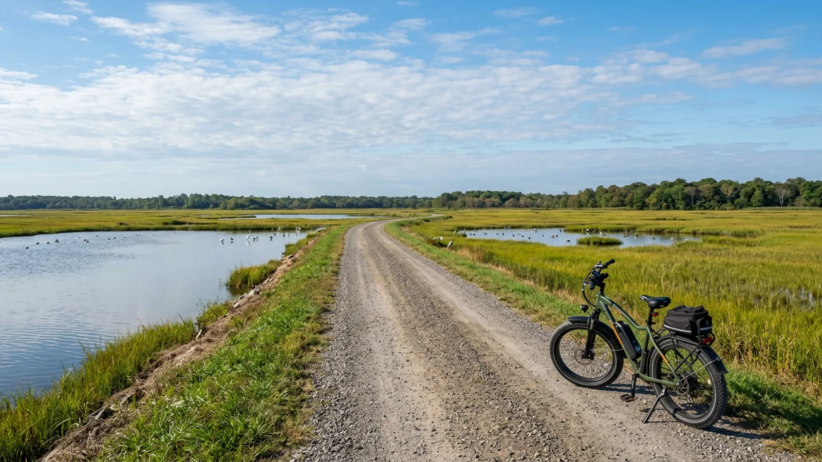 Electric bike on the gravel wildlife drive across the salt marsh impoundments at Bombay Hook in Kent County Delaware