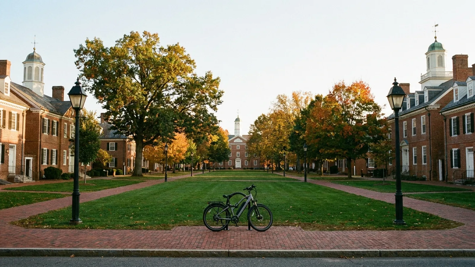 Electric bike at a rack beside a colonial town green surrounded by Georgian brick public buildings in Dover Delaware