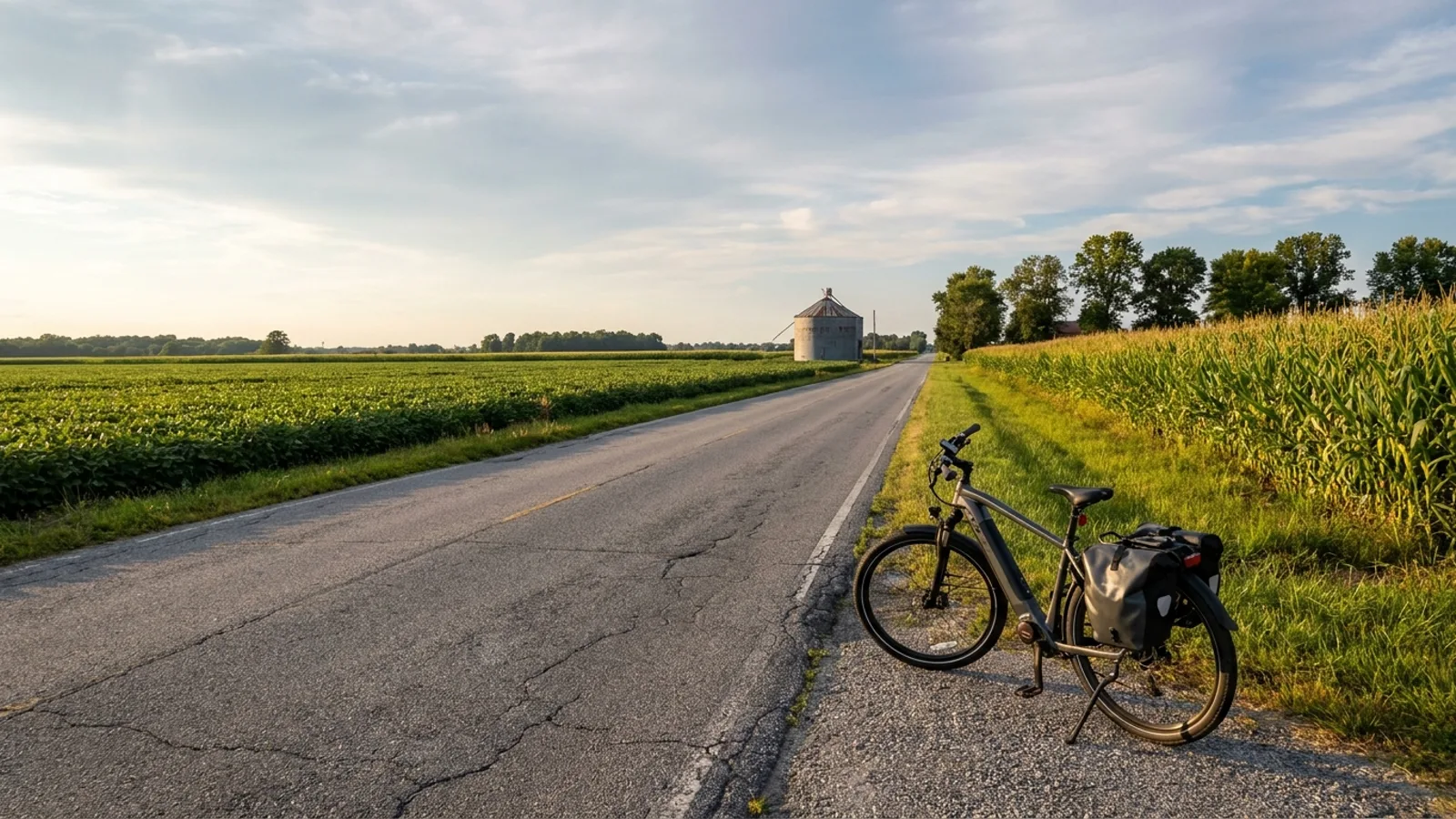 Electric bike on the paved shoulder of a straight flat farm road between crop fields in Kent County Delaware