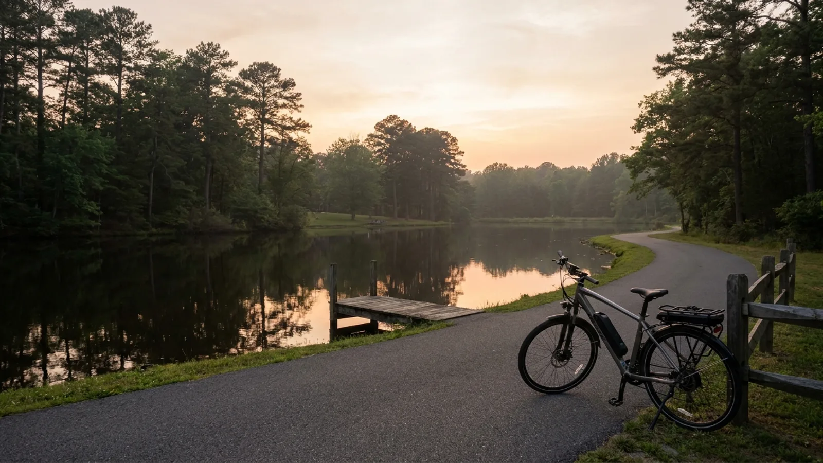 Electric bike on a paved lakeside path beside a calm pond ringed with pines in Dover Delaware