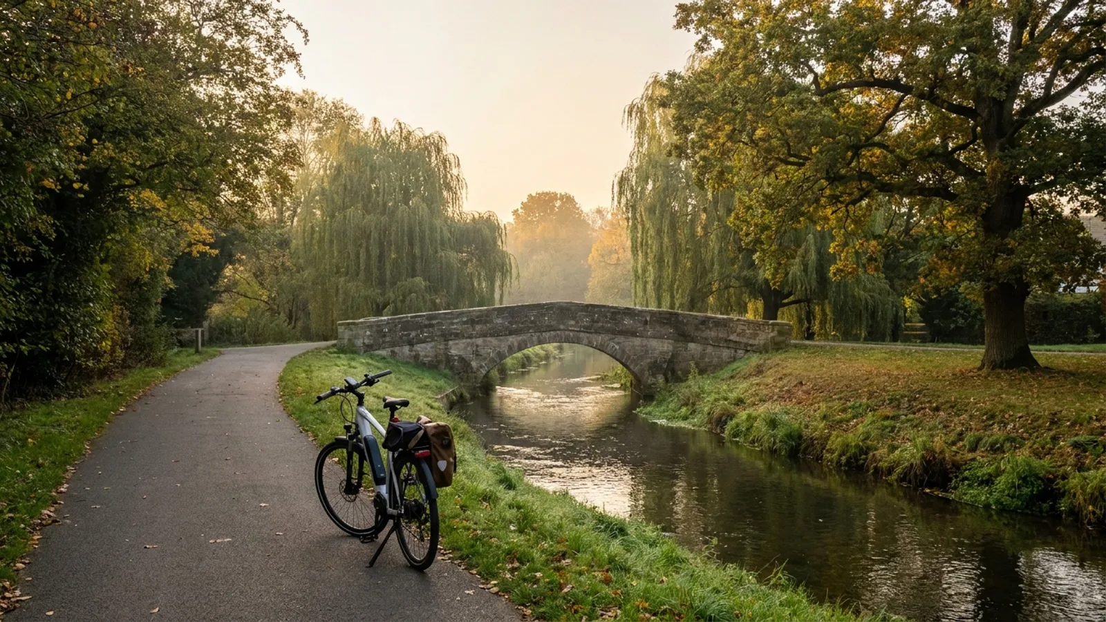 Electric bike on a paved riverside path beside a narrow river in a leafy suburban town park with a low stone arch footbridge and willows