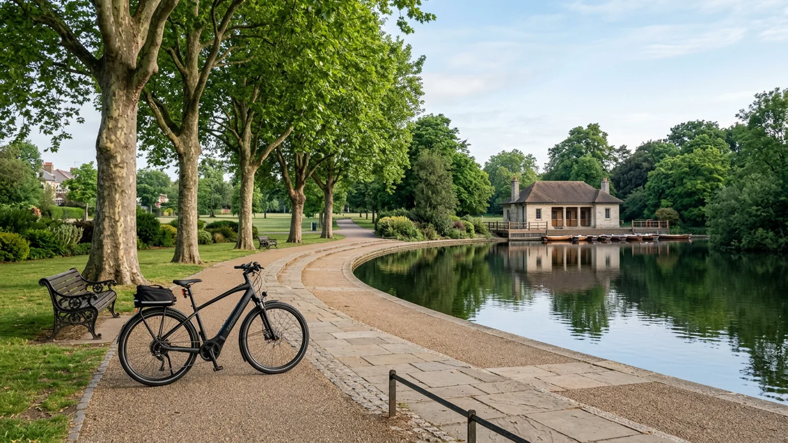 Electric bike on a paved path beside a formal park lake and stone boathouse in Union County New Jersey