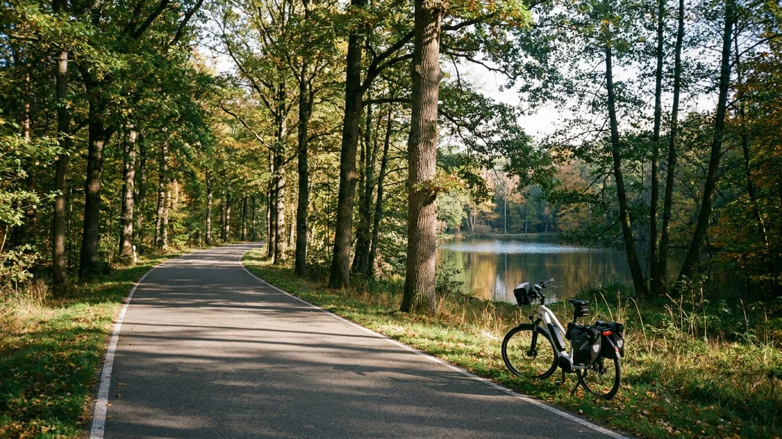 Electric bike at the roadside on a quiet paved road through mature deciduous forest with a small still lake visible through the trees