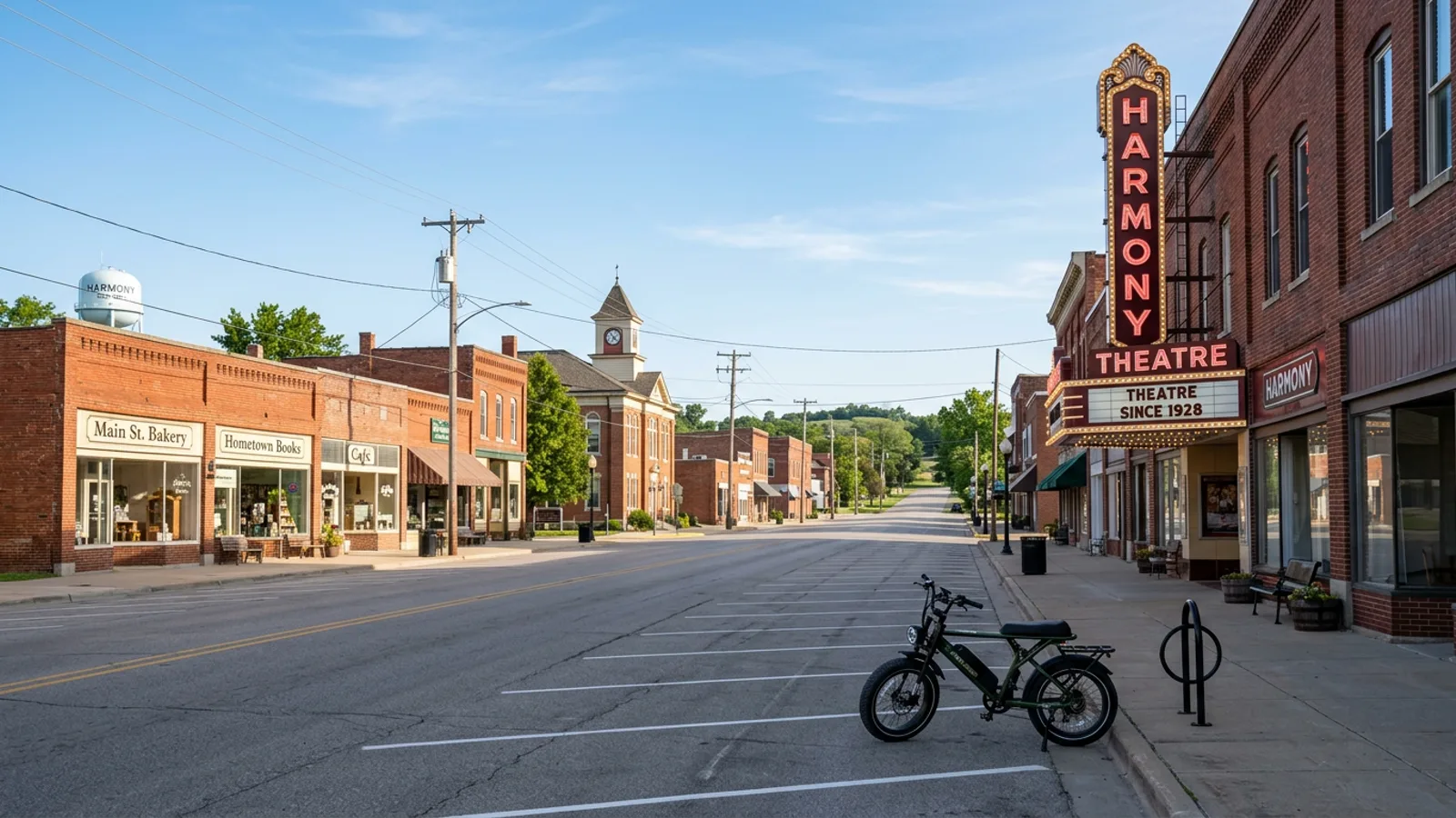 Electric bike at the kerb on a compact midwestern downtown main street of low brick storefronts with a tall vintage vertical theatre marquee