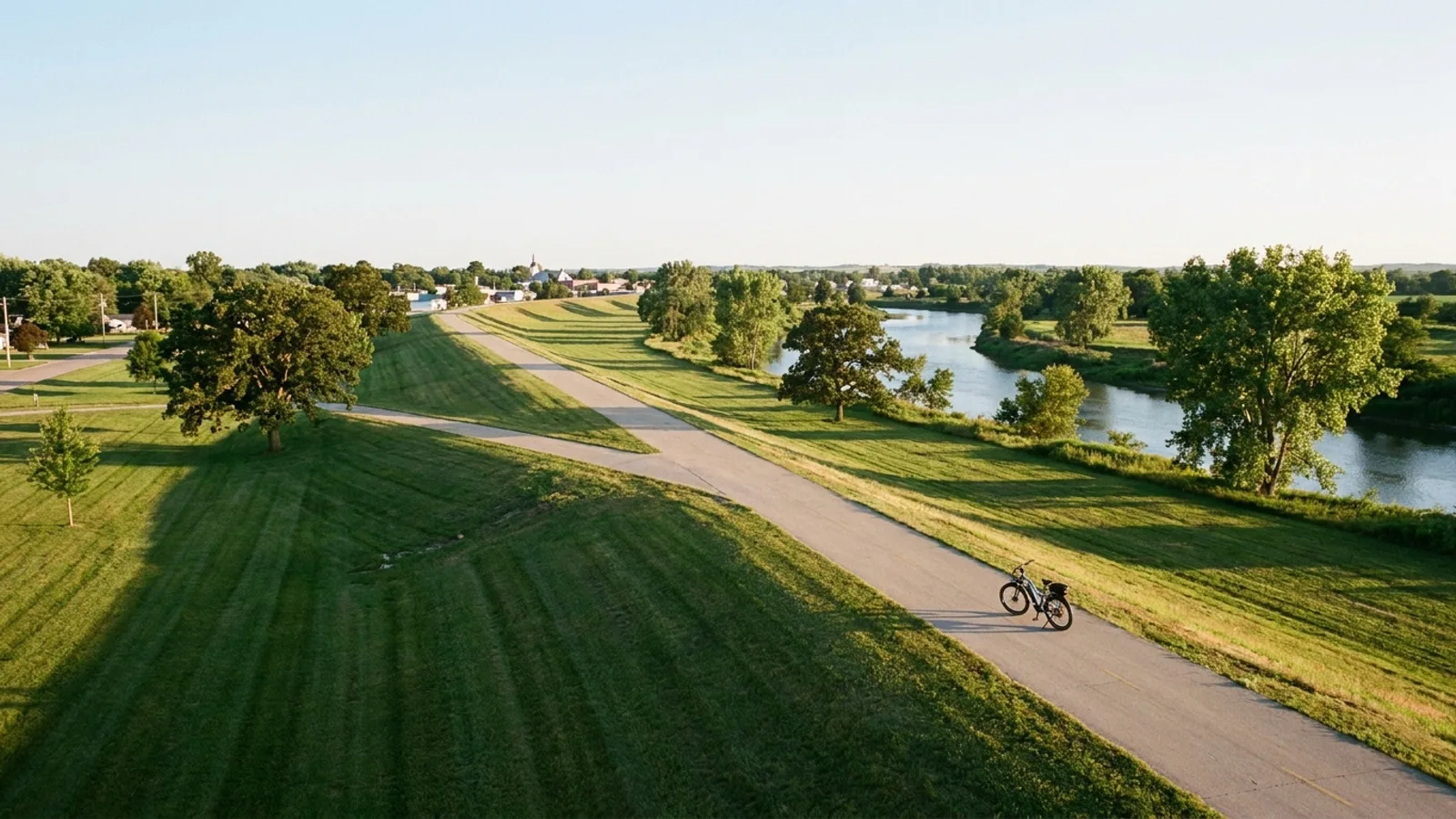 Electric bike on a paved path through a broad green riverside park corridor with mown lawns scattered large trees and an earthen levee