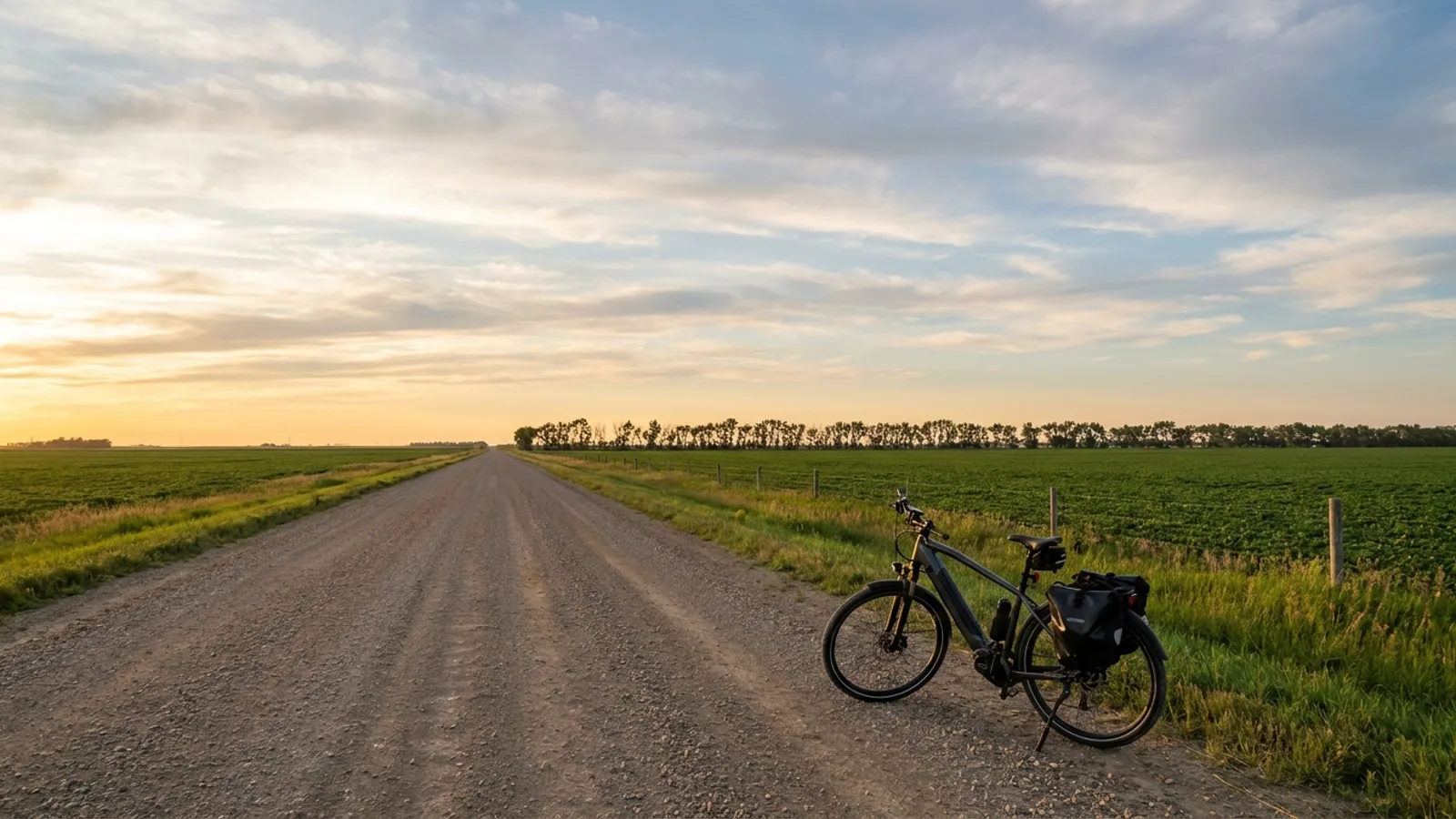 Electric bike at the roadside on a straight gravel section-line road running to the horizon between flat farm fields with a shelterbelt of trees