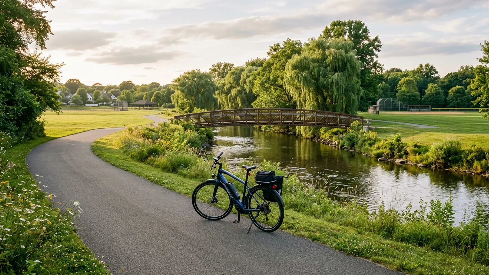 Electric bike on a paved multi-use path following a small river through a suburban county park in northern New Jersey