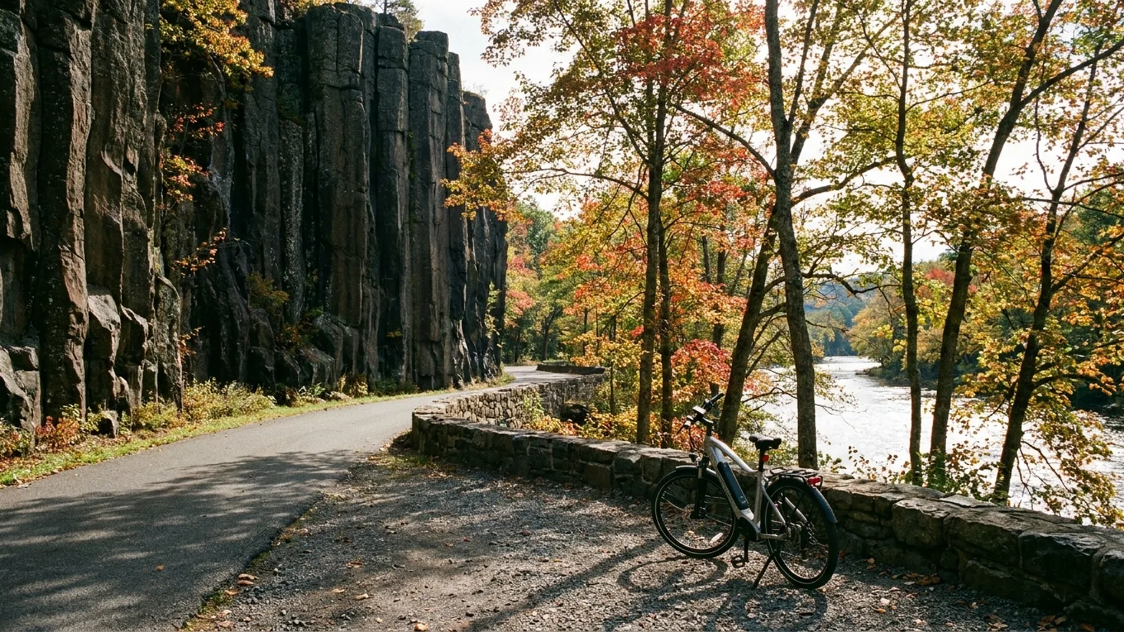 Electric bike on a narrow stone-walled park road beneath towering basalt cliffs beside the Hudson River