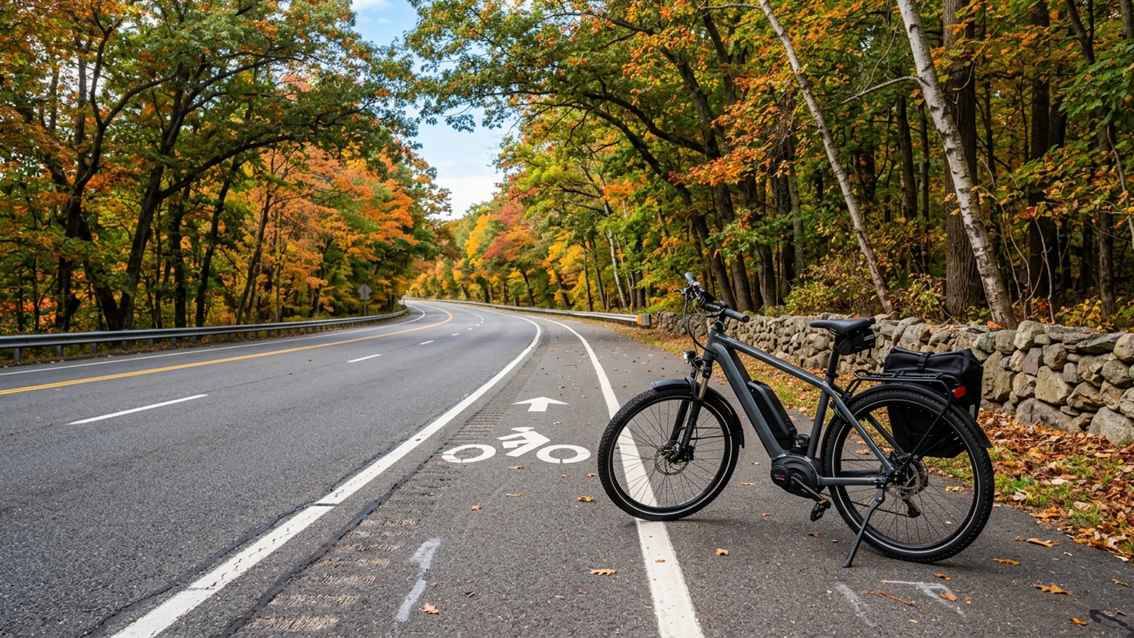 Electric bike on the wide paved shoulder of a tree-lined two-lane road under oak canopy in northern New Jersey