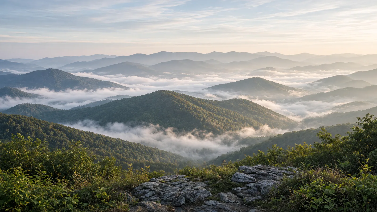 Blue Ridge Mountain overlook with mist in North Georgia