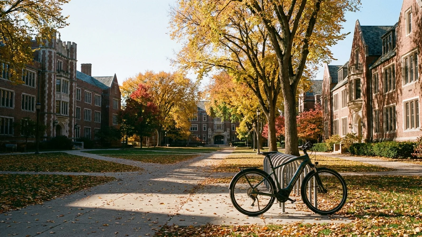 Electric bike at a rack on a large midwestern university campus quadrangle with brick collegiate buildings and elm trees