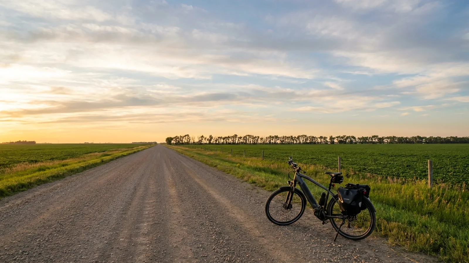 Electric bike at the roadside on a straight gravel section-line road running to the horizon across flat Red River valley farmland