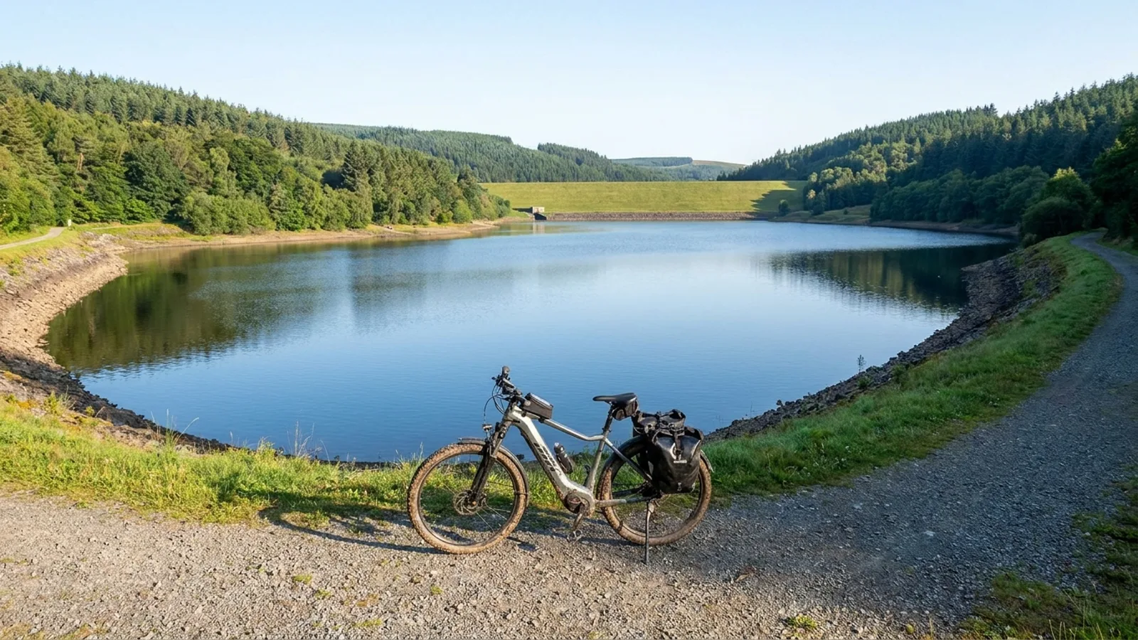 Electric bike on a gravel perimeter path beside a high upland reservoir ringed by forested hills with a grassy dam embankment beyond