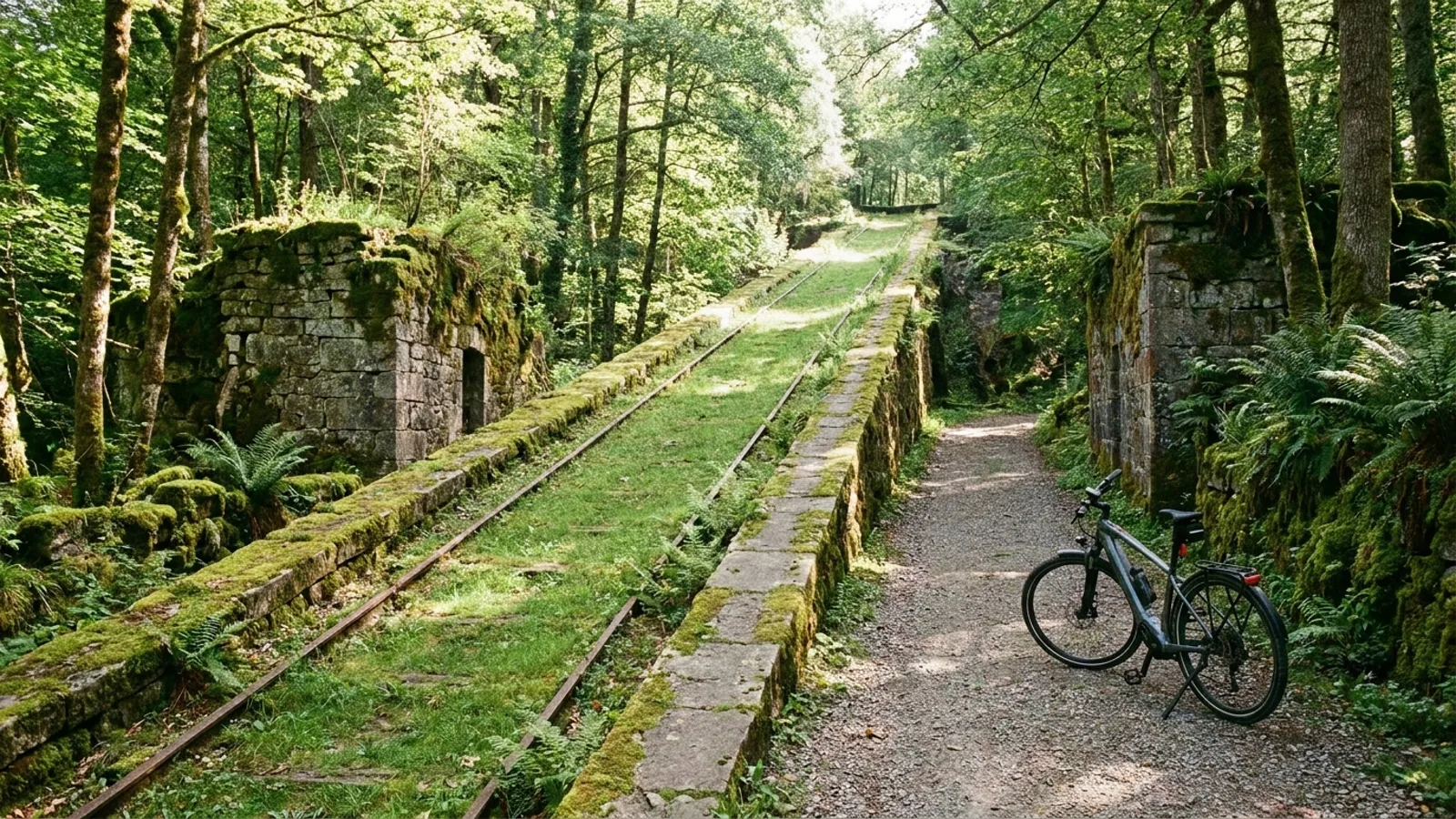 Electric bike on a gravel path beside the mossy stone ruins of a nineteenth-century canal inclined plane with cut-stone walls running up a wooded hillside