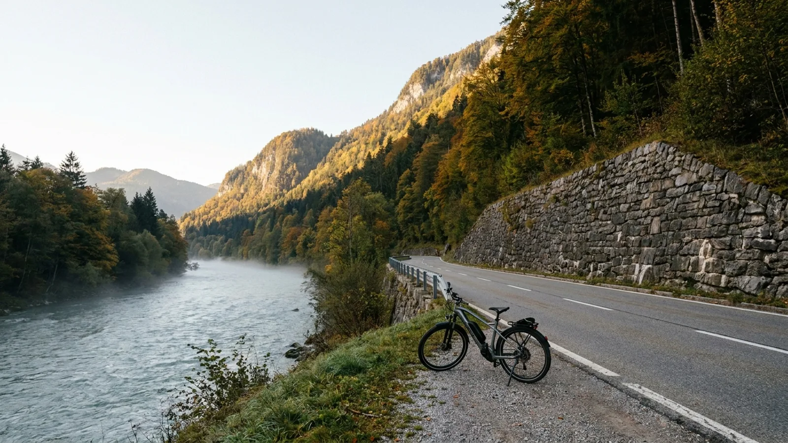 Electric bike at the roadside on a narrow old two-lane road running along the base of a steep forested mountain ridge beside a wide river