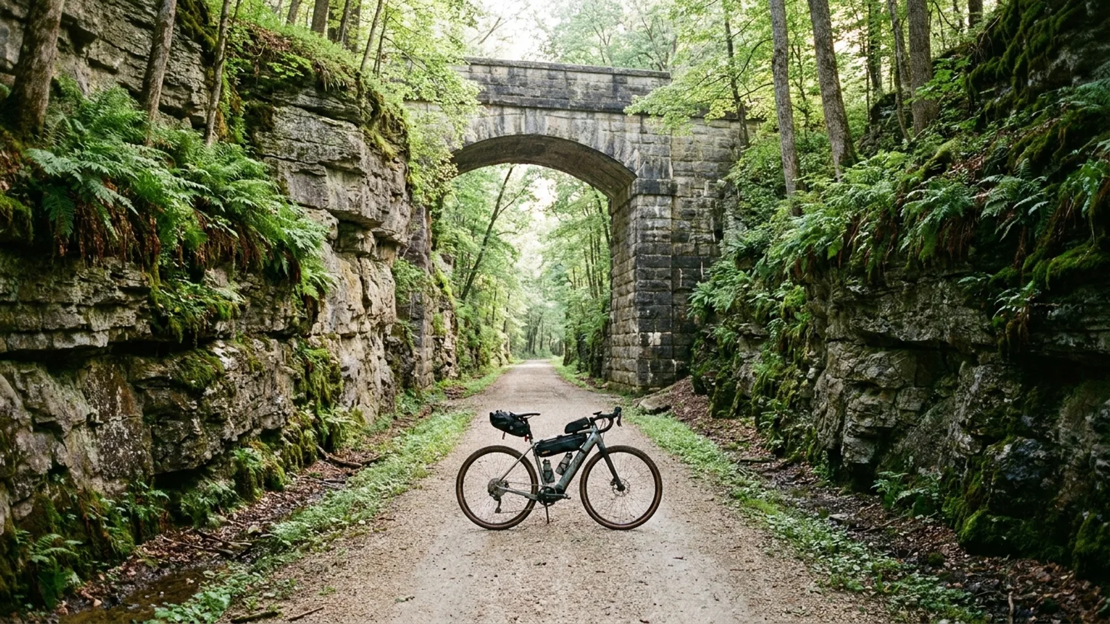 Electric bike on a crushed-cinder rail-trail running through a deep limestone rock cut in wooded New Jersey hill country