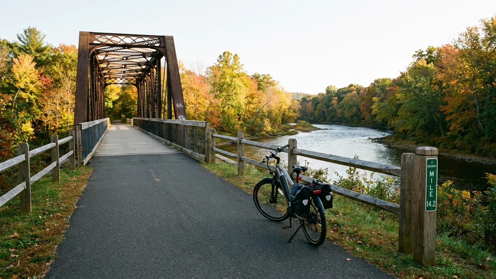 Electric bike parked on a paved rail-trail greenway beside a river with a steel pedestrian bridge ahead in Connecticut