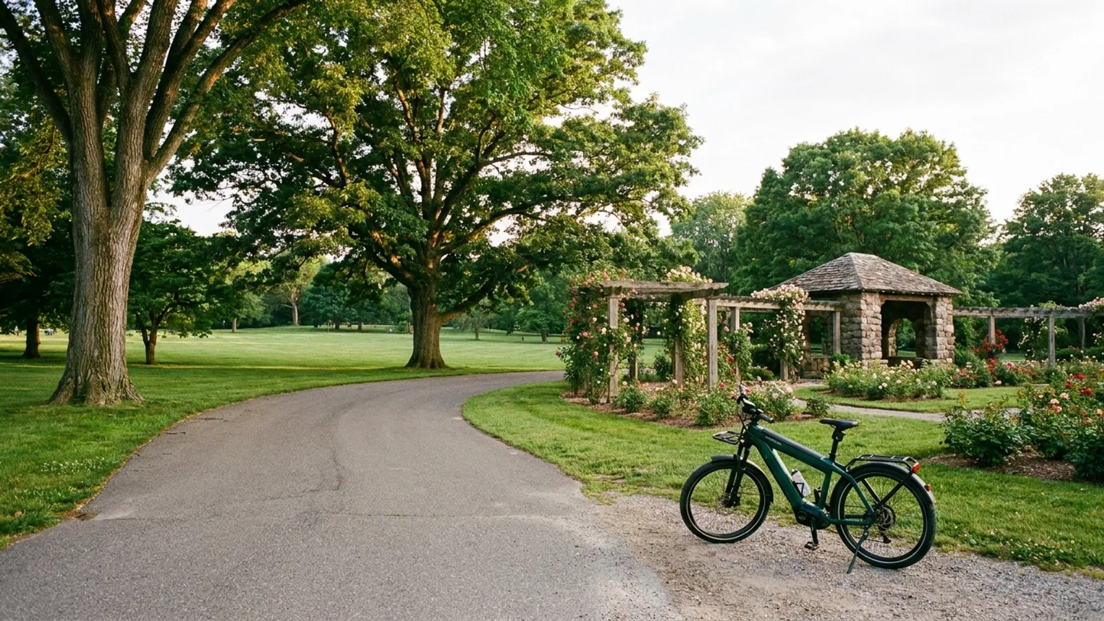 Electric bike on a curving park drive beside a formal rose garden and pergolas in a Victorian New England park