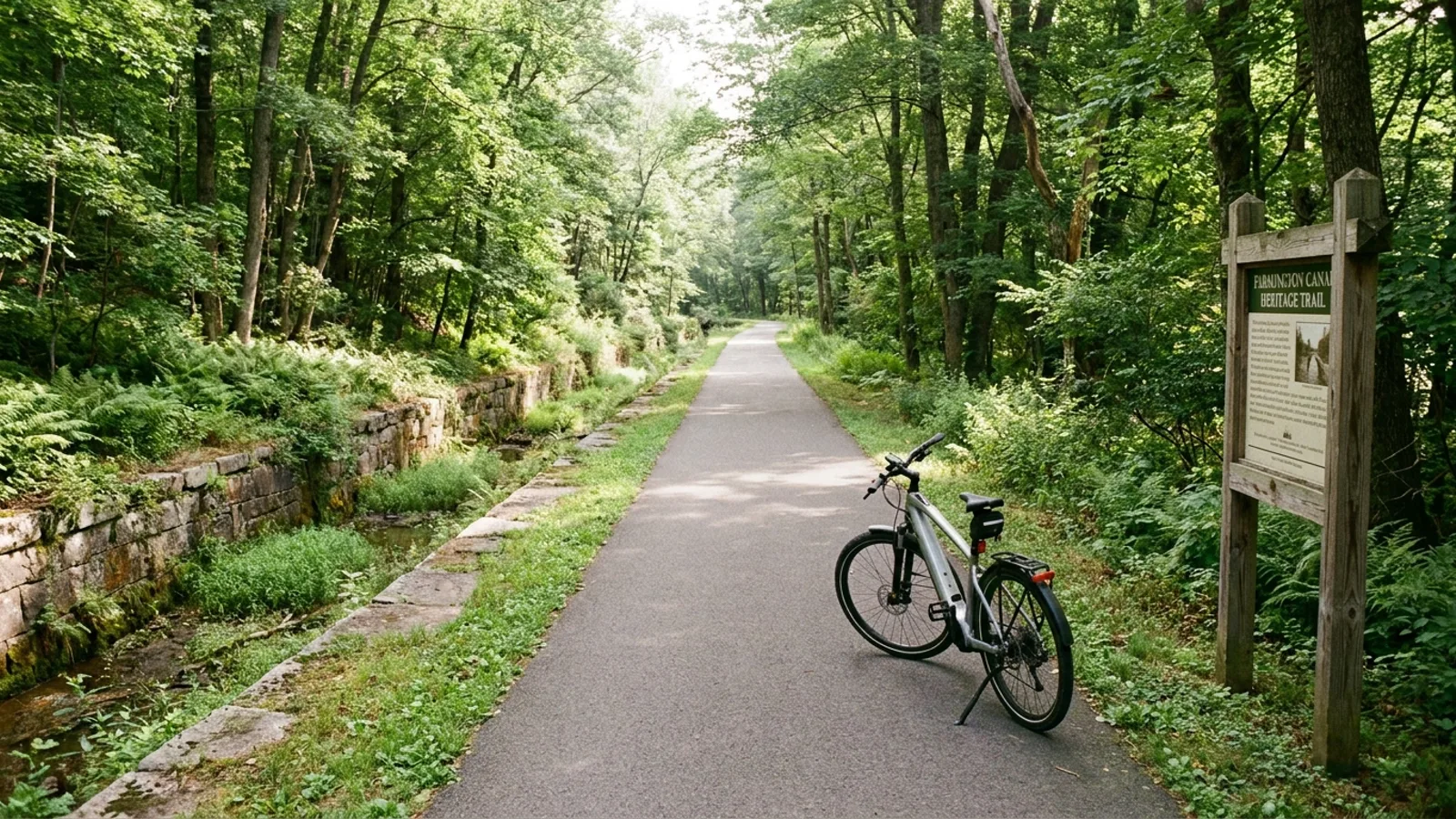 Electric bike on a paved canal towpath rail-trail beside an old stone-walled canal channel in Connecticut
