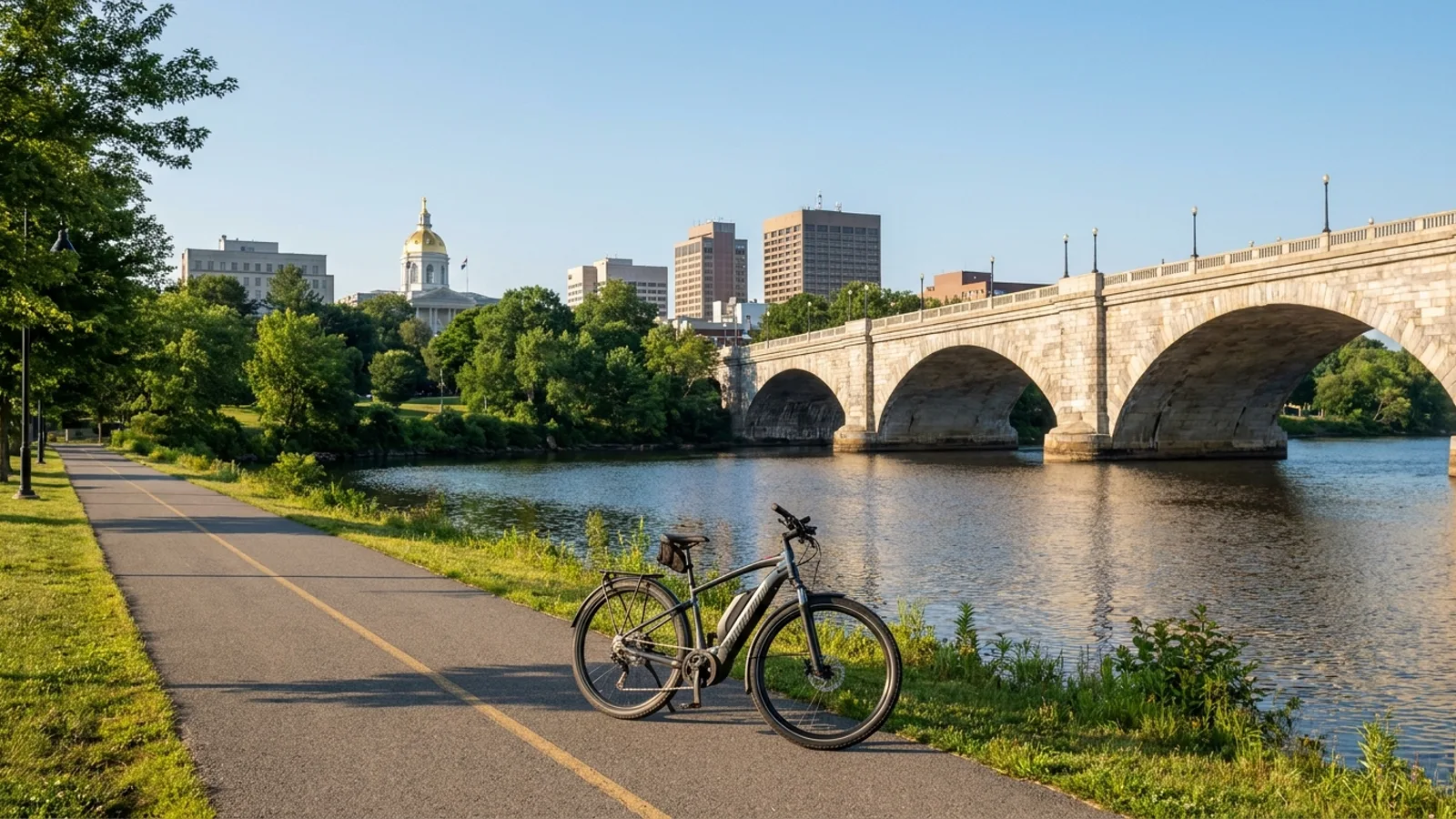 Electric bike on the paved riverfront path along the Connecticut River in Hartford