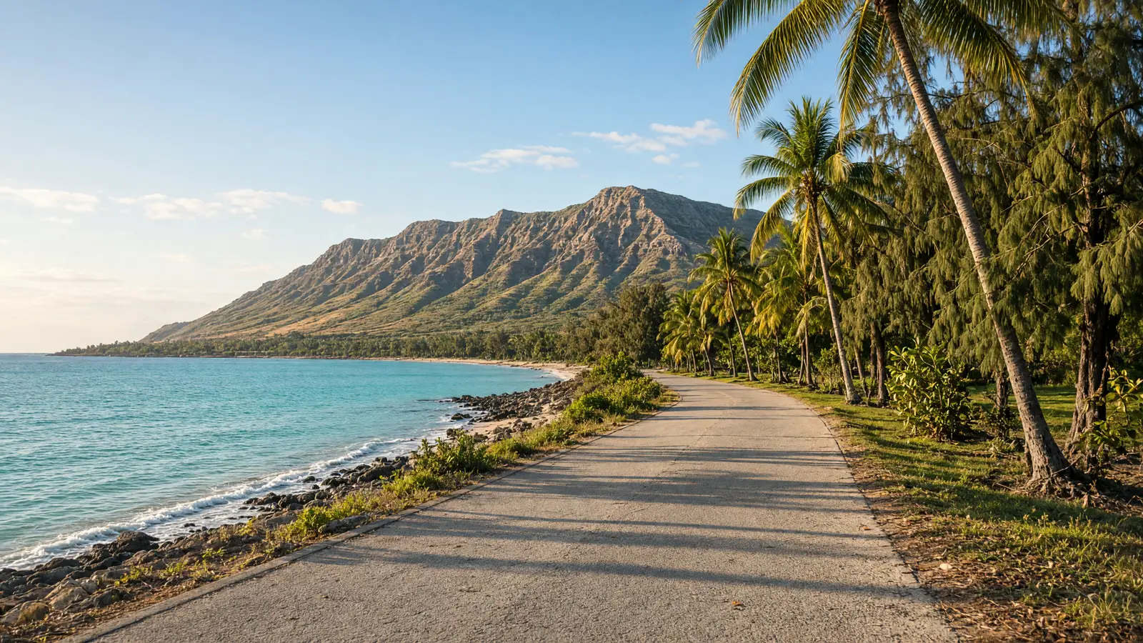 Diamond Head crater and coastal bike path along the Pacific Ocean in Honolulu Hawaii