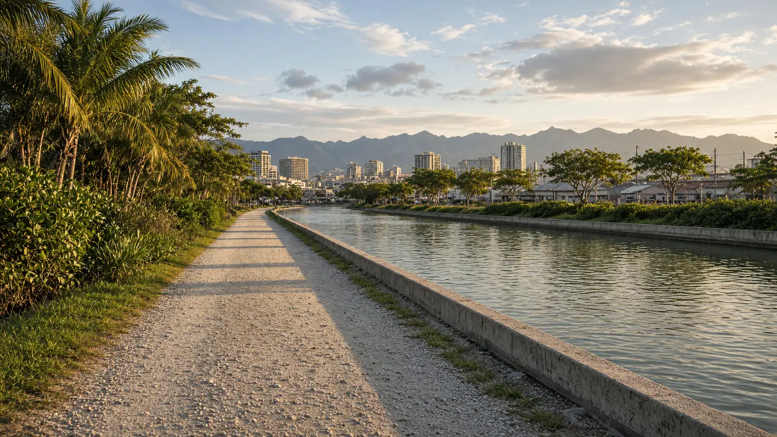 Ala Wai Canal pathway and Koolau mountain range in Honolulu County, Oahu, Hawaii