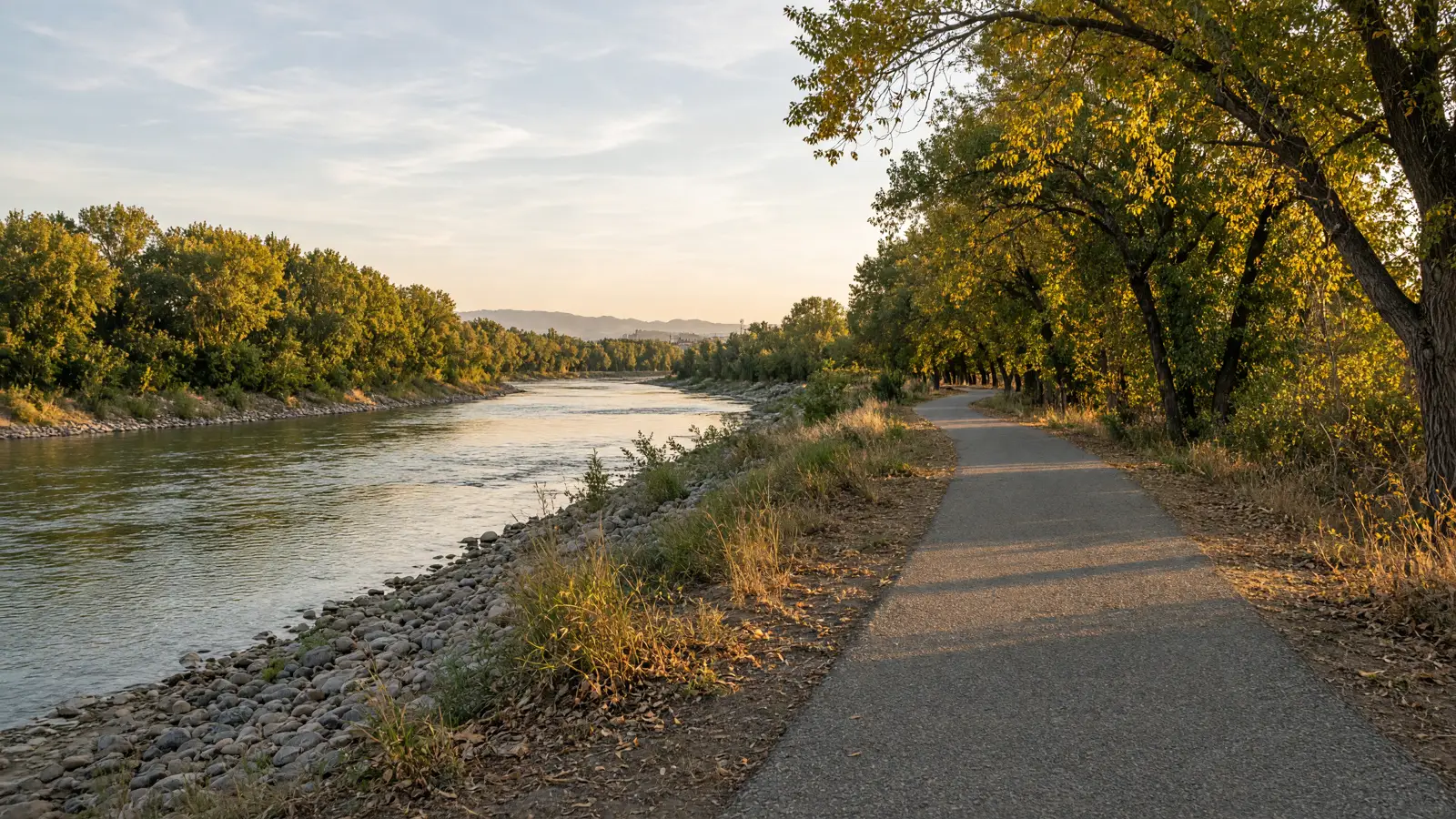 Empty paved Boise River Greenbelt path through cottonwoods, Ada County, Idaho