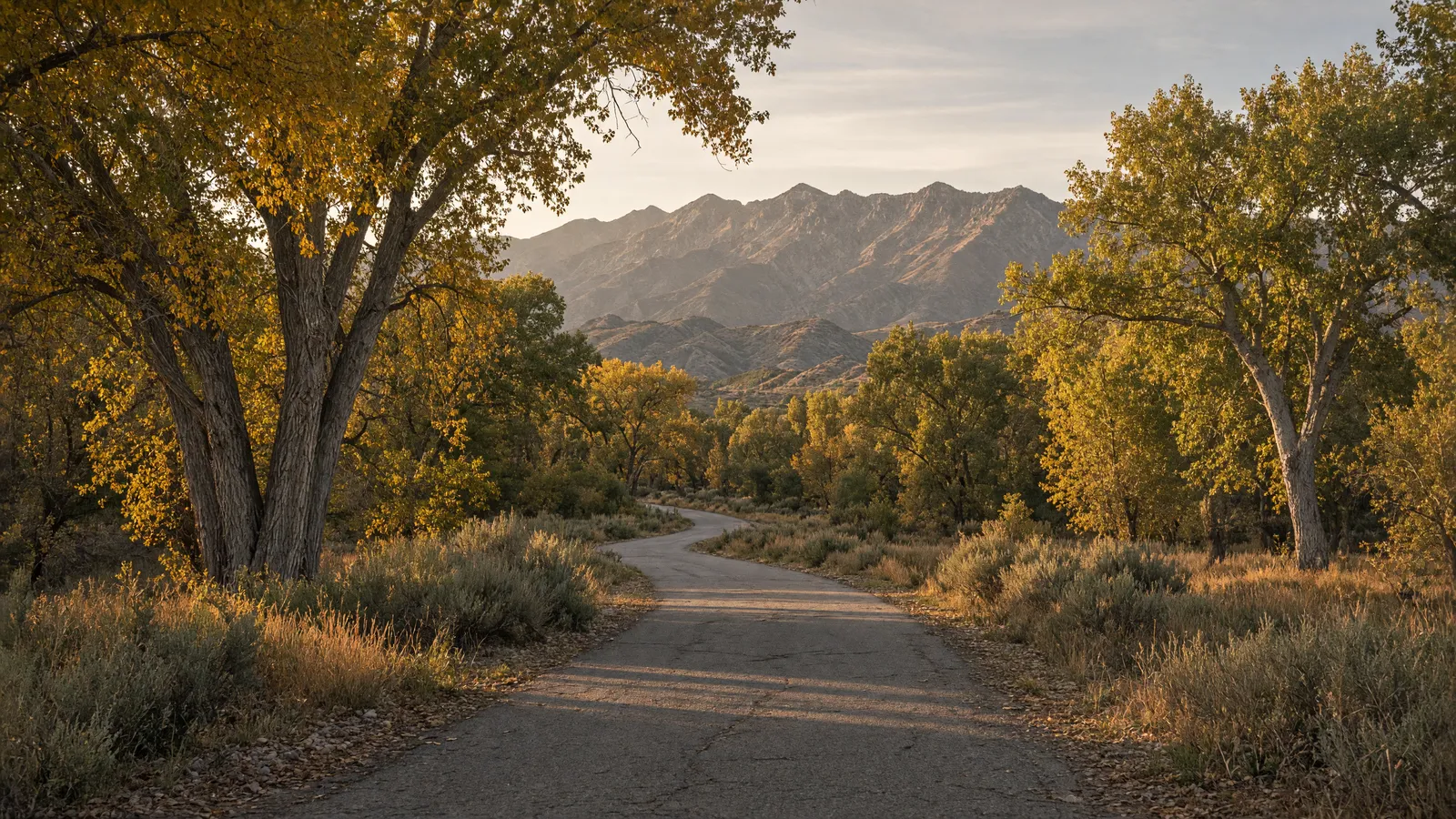 Empty Wood River Valley paved path through cottonwoods toward the Boulder Mountains near Hailey, Blaine County, Idaho