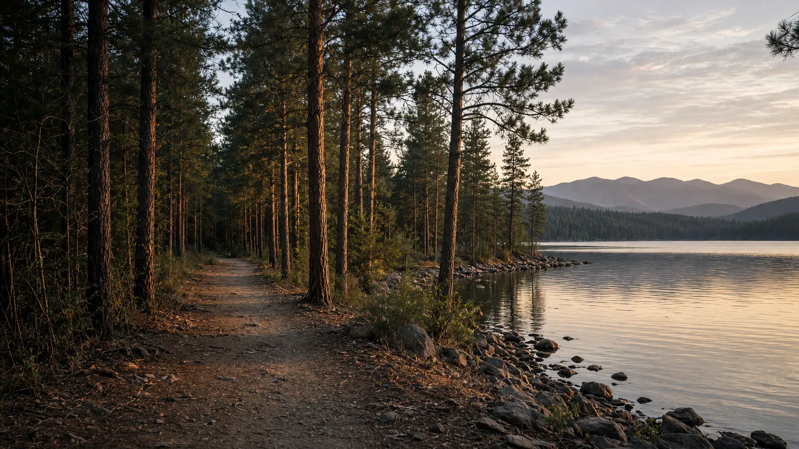 Empty Lake Pend Oreille shoreline path through pines near Sandpoint, Bonner County, Idaho