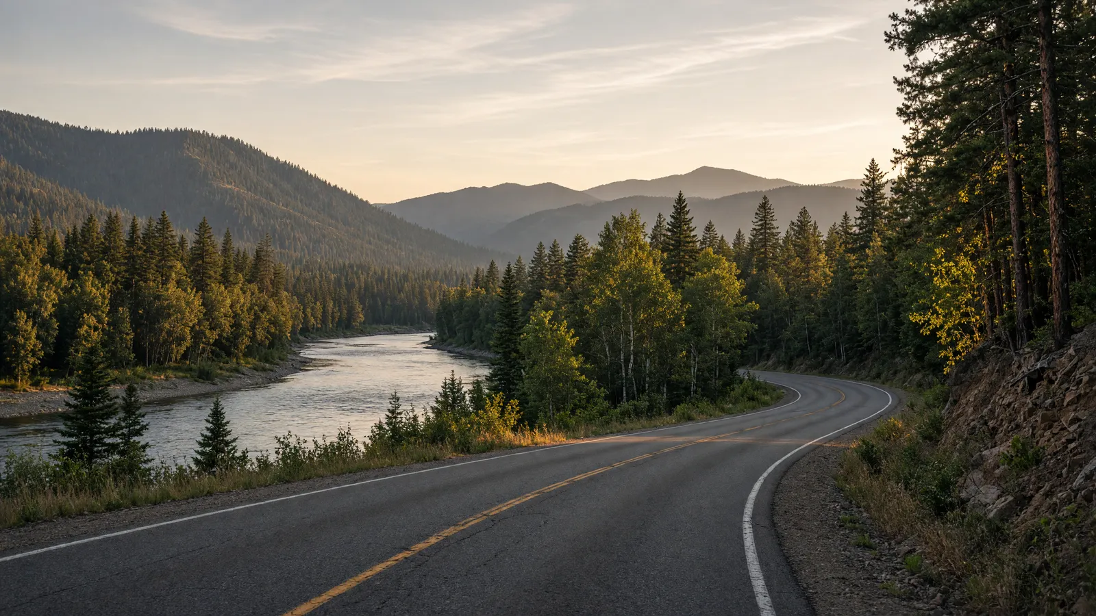 Empty Kootenai River valley two-lane through mixed forest near Bonners Ferry, Boundary County, Idaho