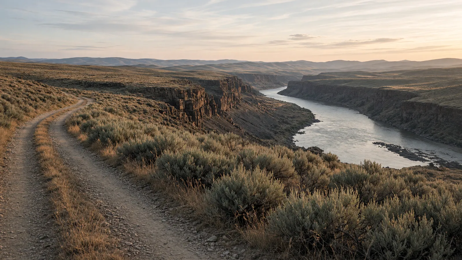 Empty Snake River canyon two-track through sagebrush near Burley, Cassia County, Idaho