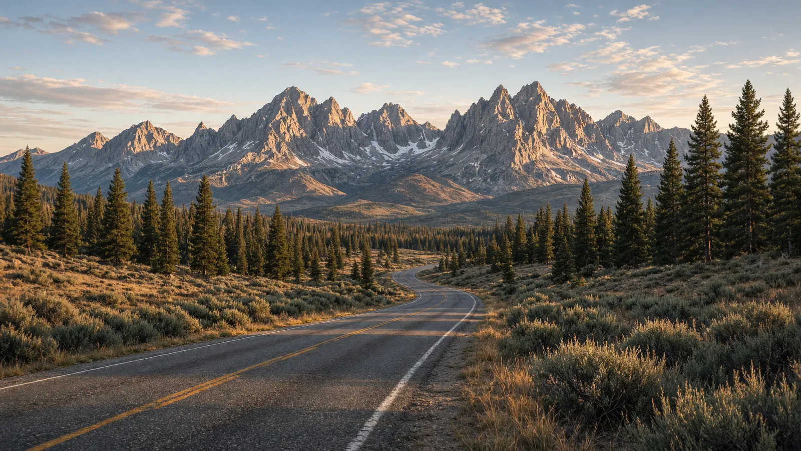 Empty Sawtooth Mountains two-lane near Stanley, Custer County, Idaho