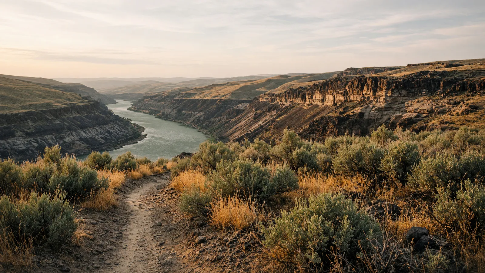 Empty Thousand Springs canyon rim path through sagebrush toward the Snake River near Hagerman, Gooding County, Idaho