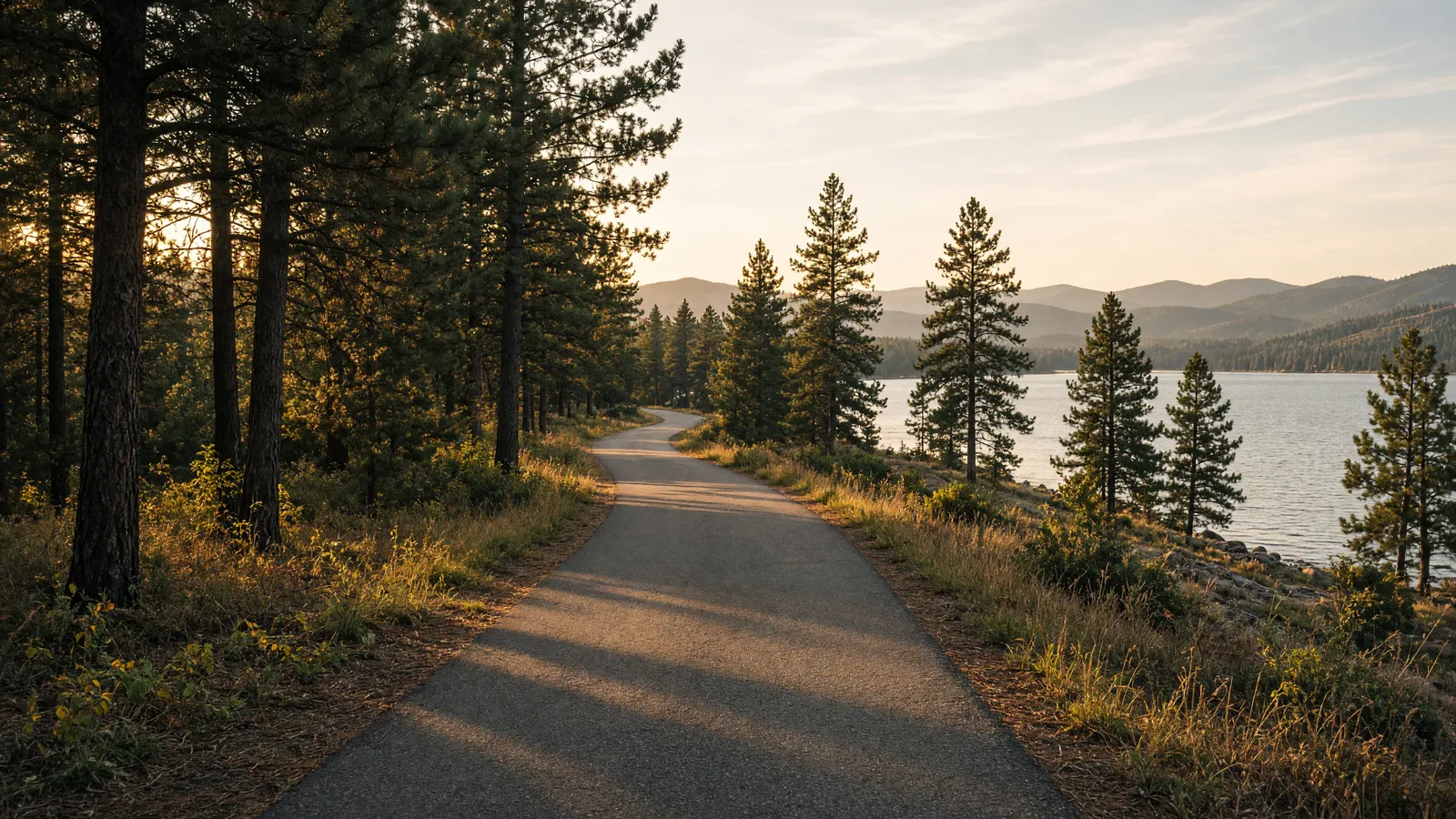 Empty Trail of the Coeur d'Alenes rail-trail through pines toward Lake Coeur d'Alene, Kootenai County, Idaho