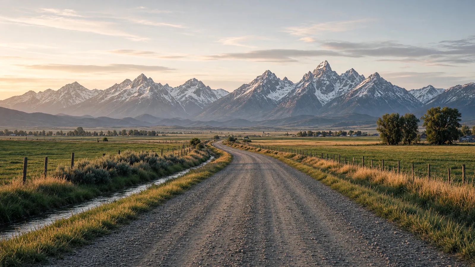 Empty Teton River valley farm road through fields toward the Teton Range near Rexburg, Madison County, Idaho