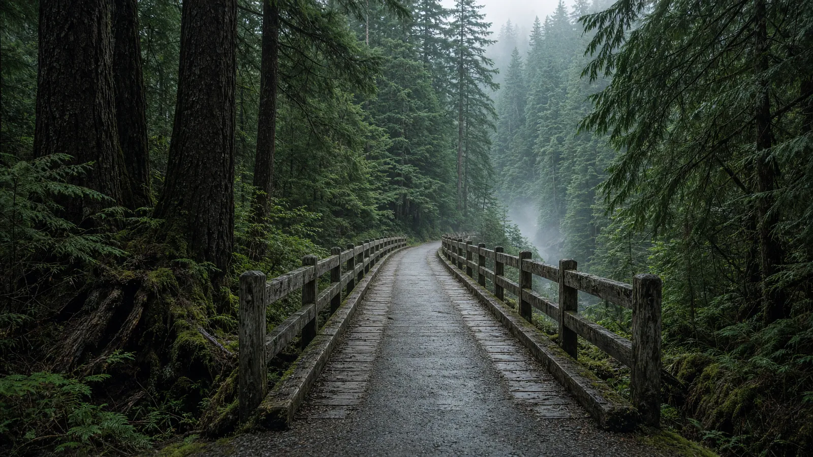 Empty Route of the Hiawatha rail-trail trestle approach through cedar and hemlock near Wallace, Shoshone County, Idaho