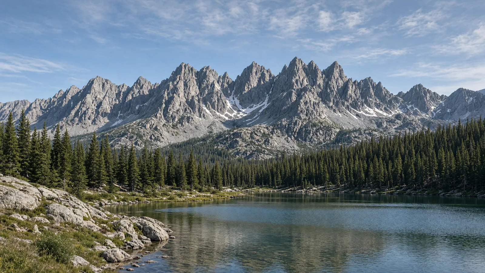 Sawtooth Mountains peaks above an alpine lake, Idaho