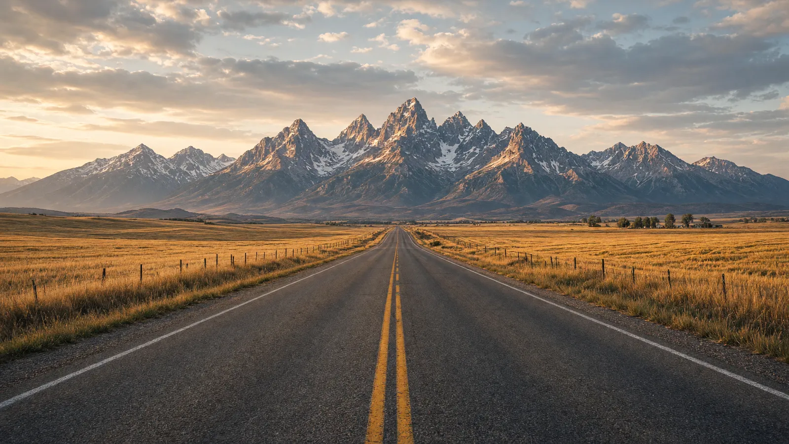 Empty Teton Valley two-lane through hayfields toward the Teton Range near Driggs, Teton County, Idaho