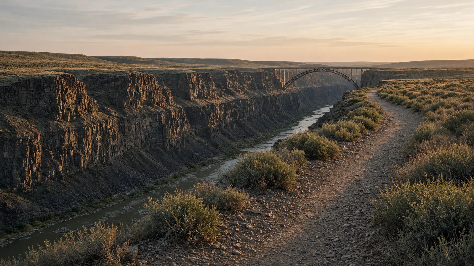 Empty Snake River Canyon rim path toward Perrine Bridge country near Twin Falls, Twin Falls County, Idaho