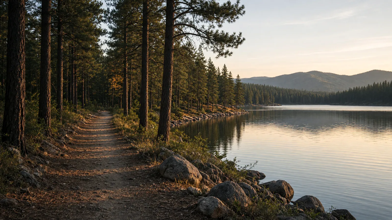 Empty Payette Lake shoreline path through pines near McCall, Valley County, Idaho