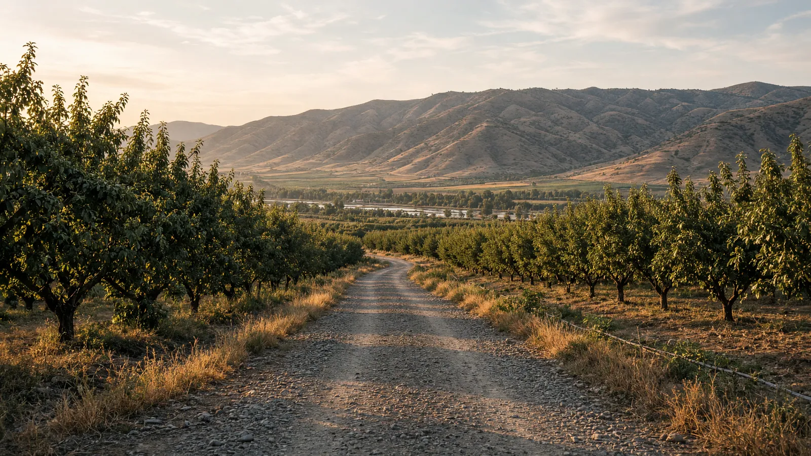 Empty Snake River valley farm road through orchards toward dry hills near Weiser, Washington County, Idaho