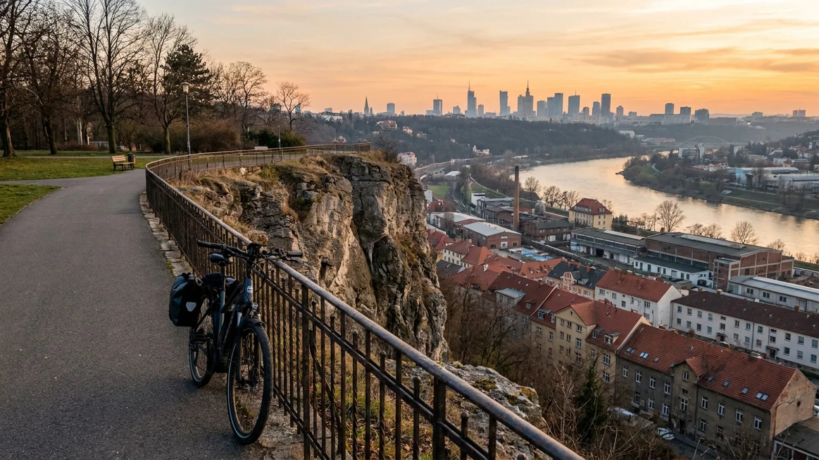 Electric bike at an iron railing on a cliff-top city park path with a view over rooftops and a river toward a distant skyline
