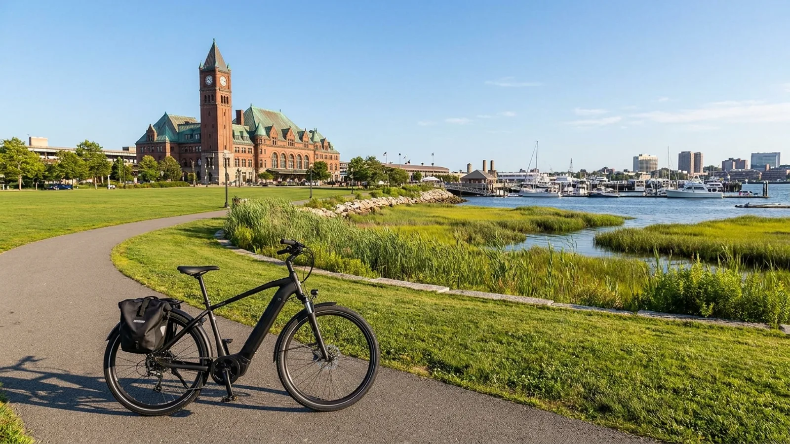 Electric bike on a paved path across open parkland toward a grand old brick railroad terminal with a clock tower beside a harbor