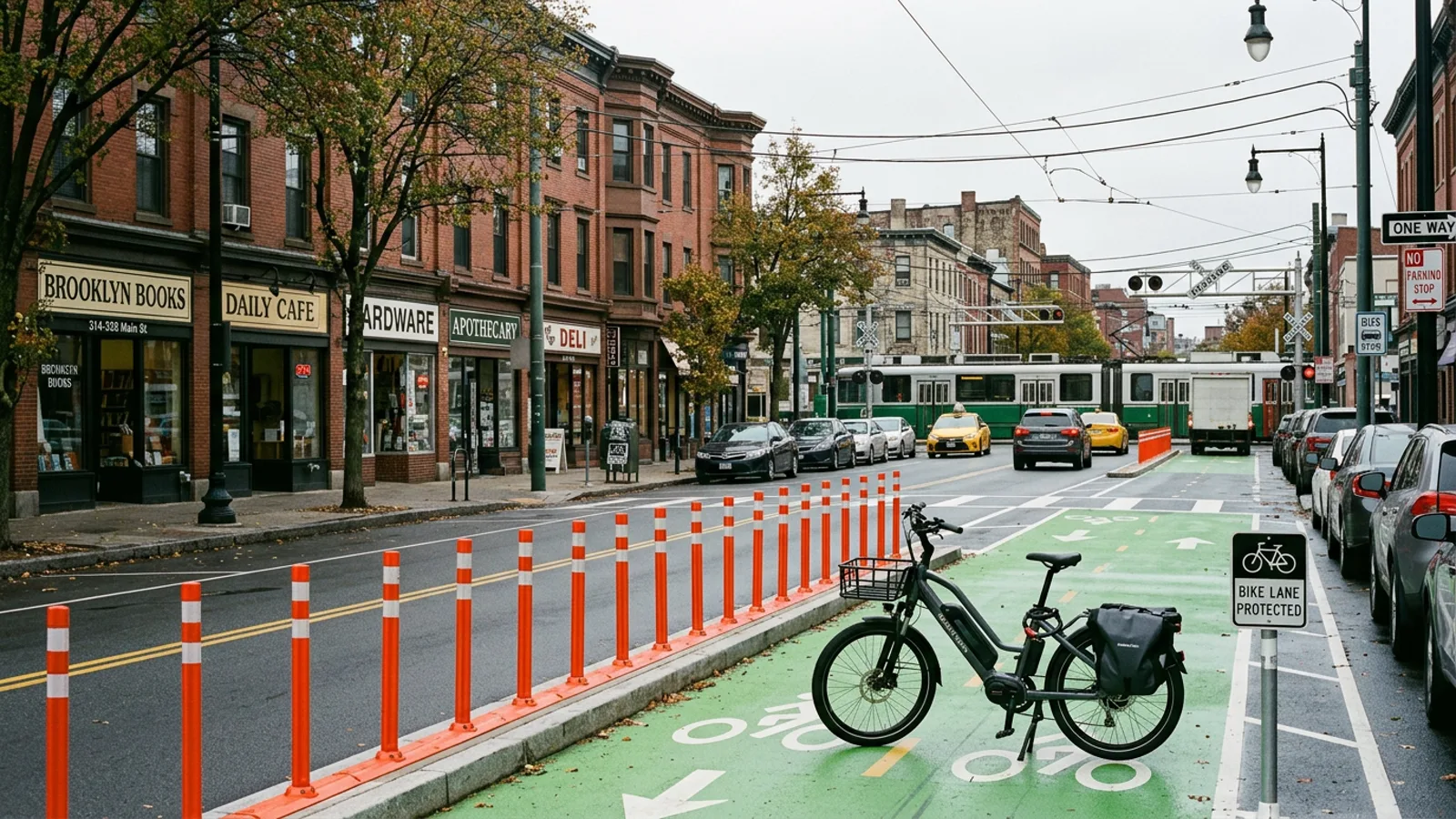 Electric bike in a green protected bike lane beside brick rowhouse shopfronts with light rail tracks crossing ahead