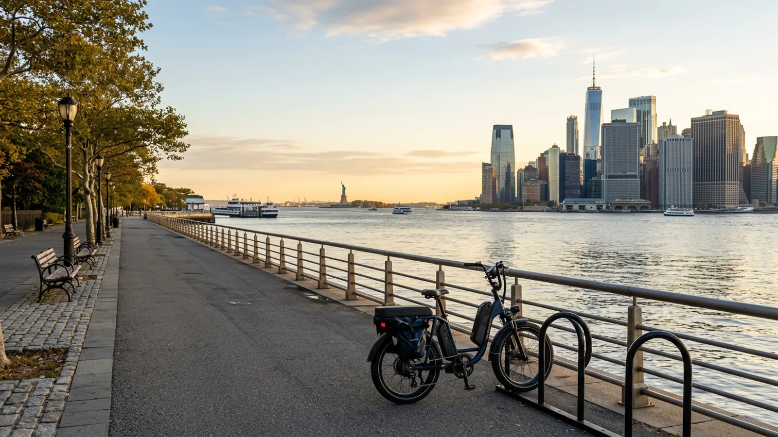 Electric bike on the Hudson River waterfront walkway in Jersey City with the Manhattan skyline across the harbor