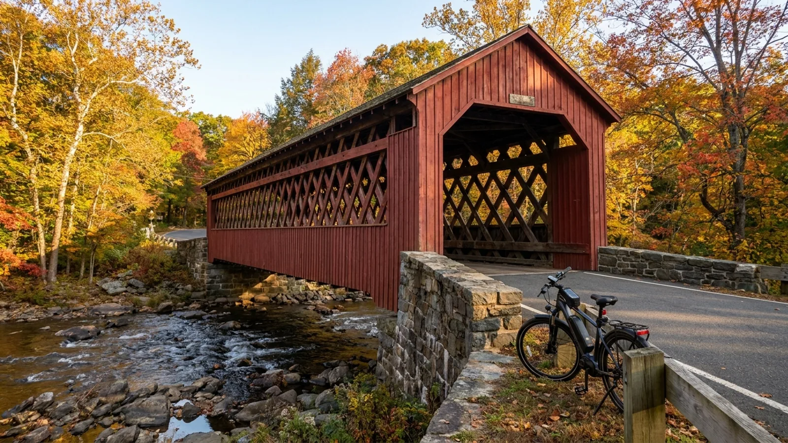Electric bike parked at a red covered bridge over a rocky river in western Connecticut near Kent