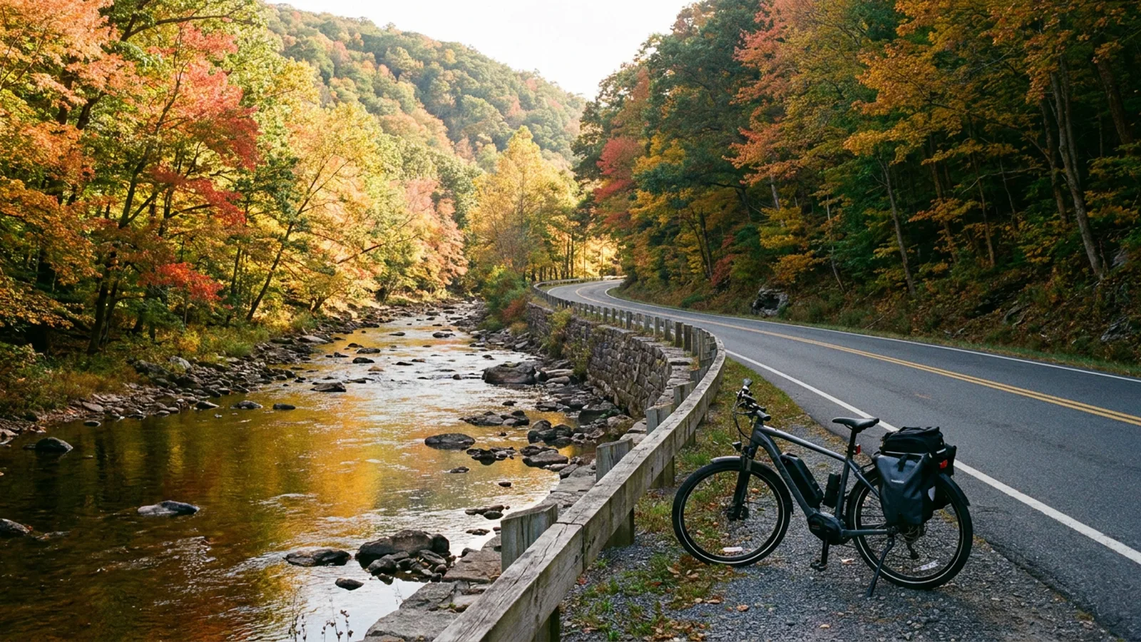 Electric bike on the shoulder of a two-lane river road beside the Housatonic River with forested hillsides in Connecticut